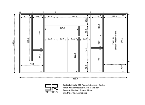 Besteckeinsatz K90 für gerade Zargen. Einzelanfertigung inkl. freier Facheinteilung. Buche.