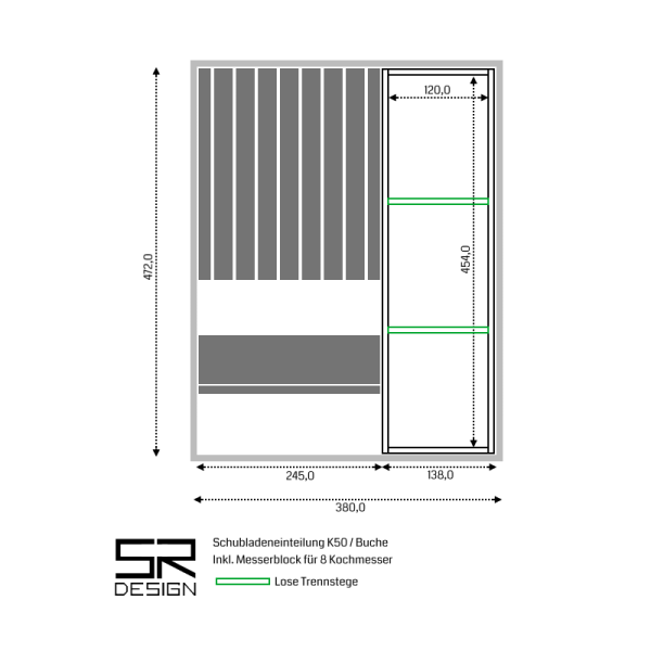 2-teilige Schubladeneinteilung inkl. Messerhalter für 8 Kochmesser. Buche.