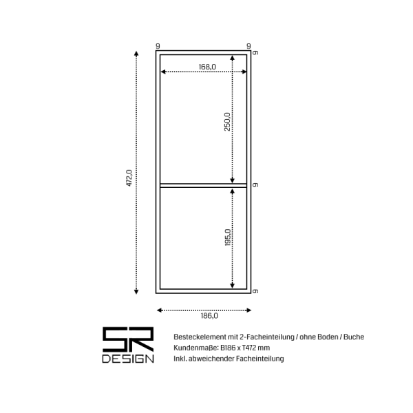 Besteckelement mit 2-Facheinteilung ohne Boden. Inkl. freier Facheinteilung. Buche.