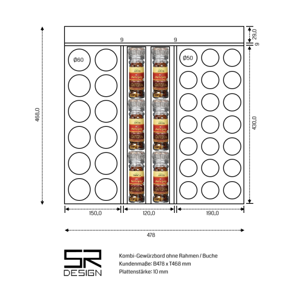 Kombi-Gewürzbord K60. Ohne Rahmen. Einzelanfertigung. Buche.